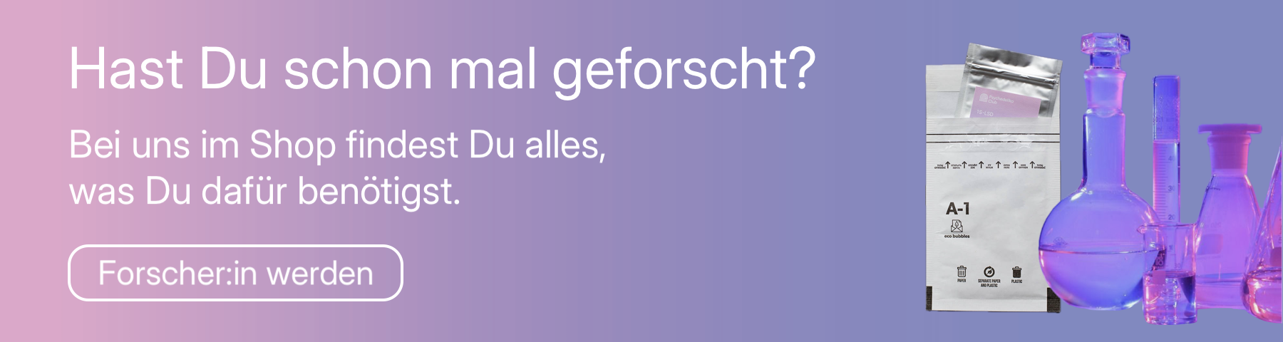 Ad zum 1S-LSD kaufen – Werbung mit Produkt und Forschungsutensilien.